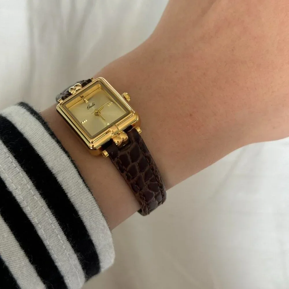 SKU:0129 vintage style gold mini watch‎ brown leather strap + in a gift box